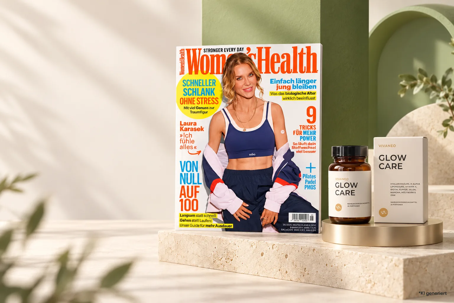 VIVANEO Glow Care Dose und Verpackung neben Women's Health