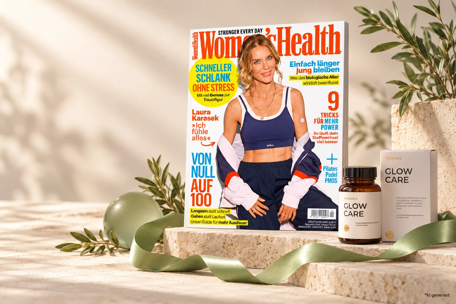 Women's Health Cover und VIVANEO Glow Care auf Naturstein